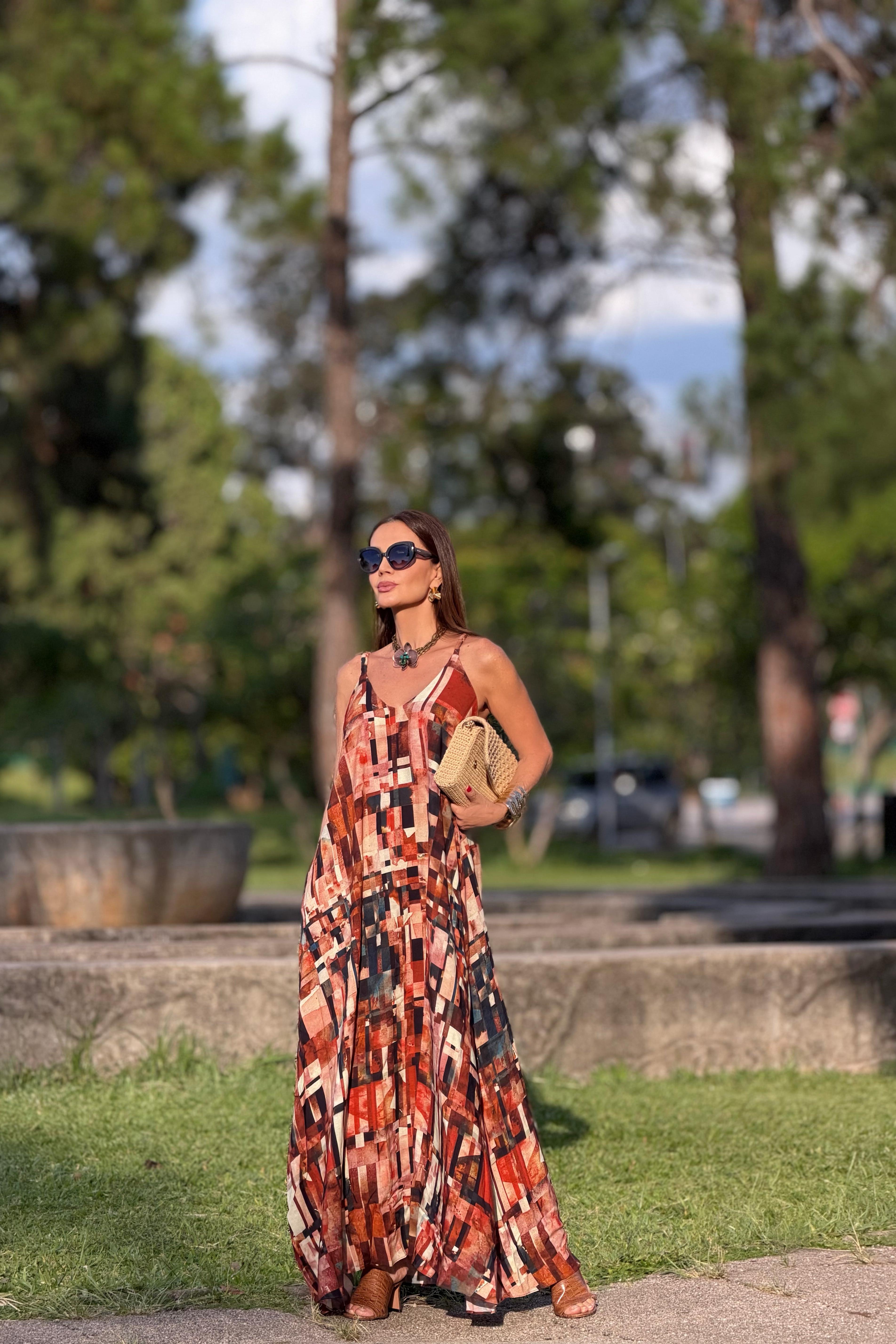 Vestido Alça Longo Estampa Detroit