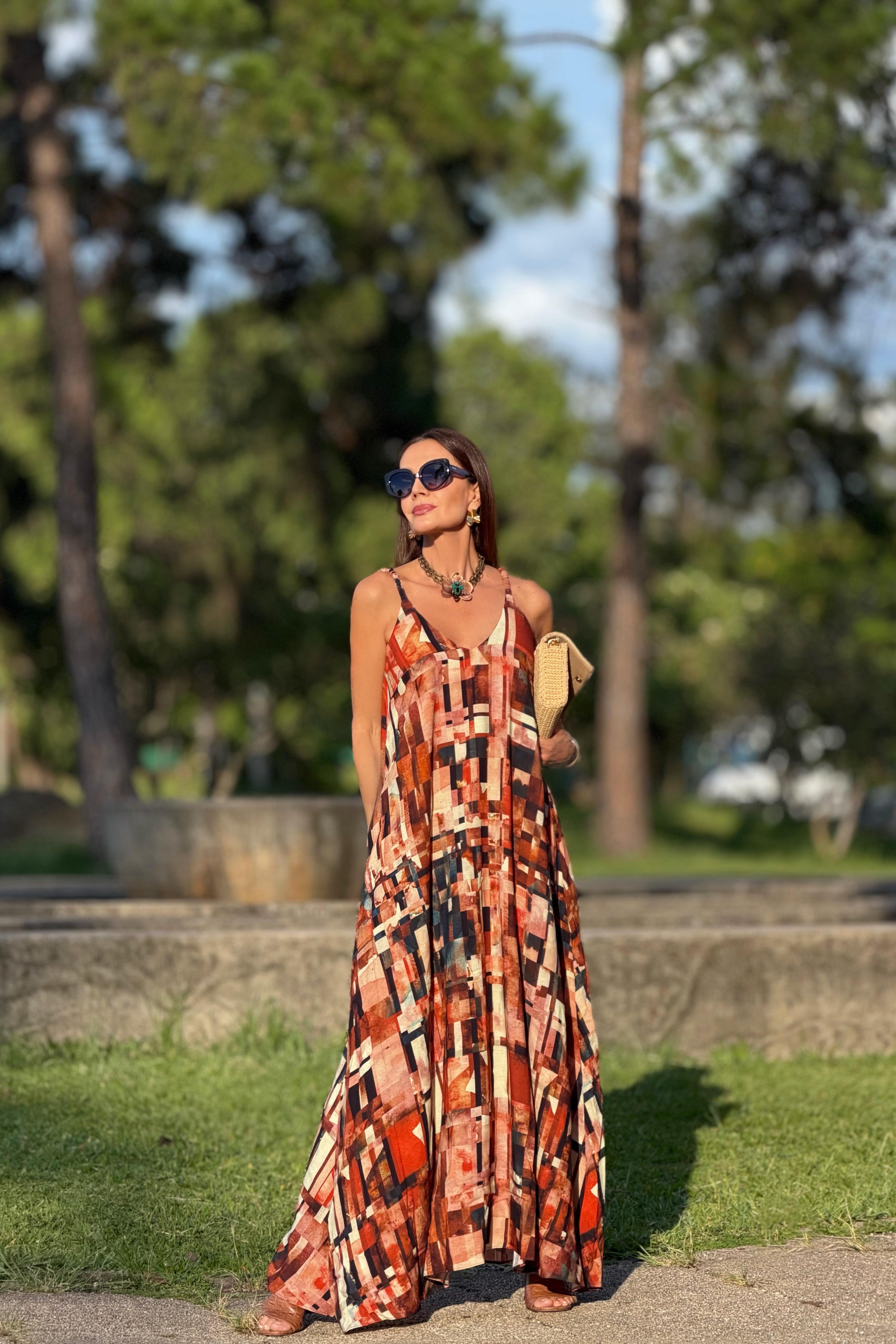 Vestido Alça Longo Estampa Detroit