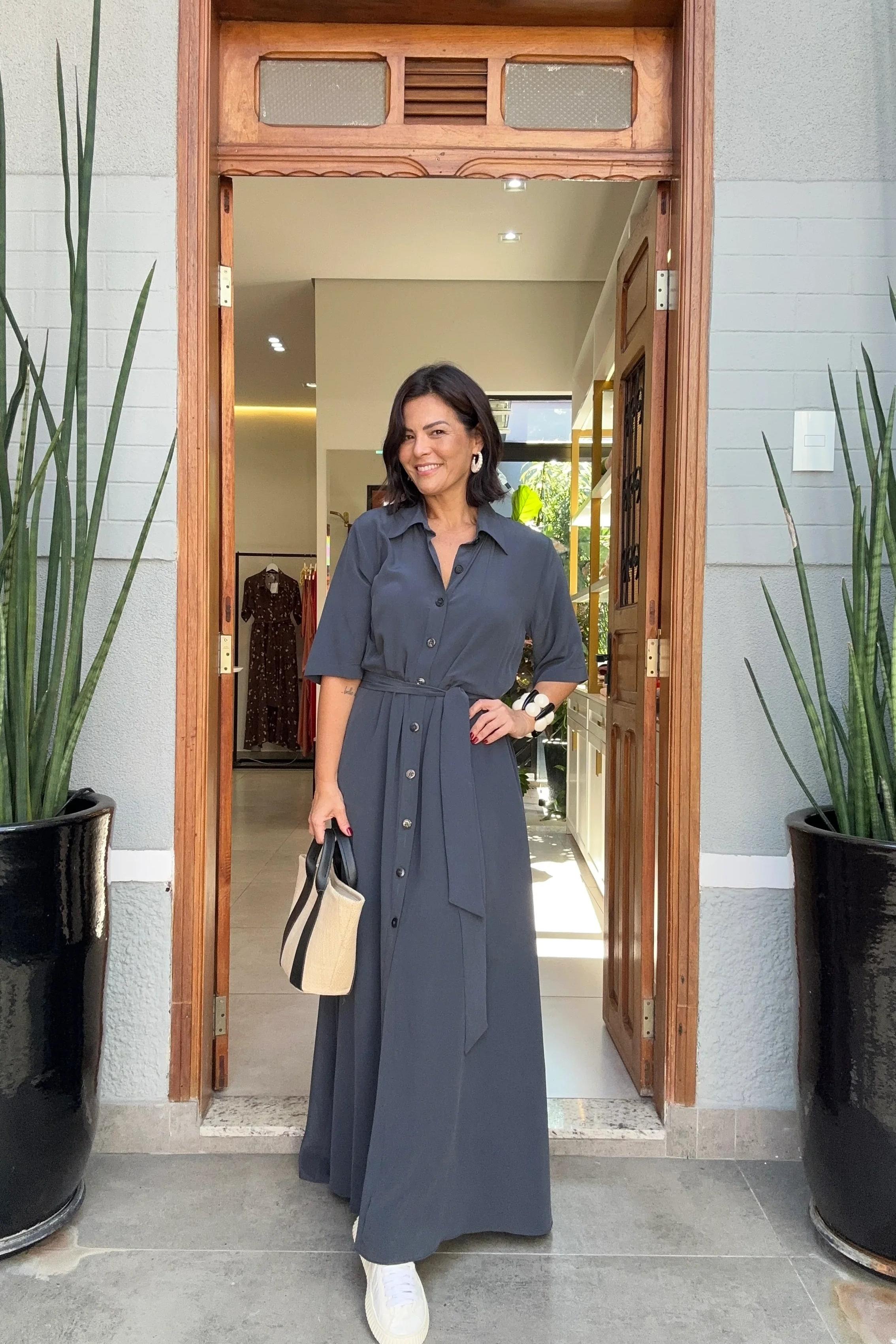 Vestido Chemisier Seda Pura Chumbo