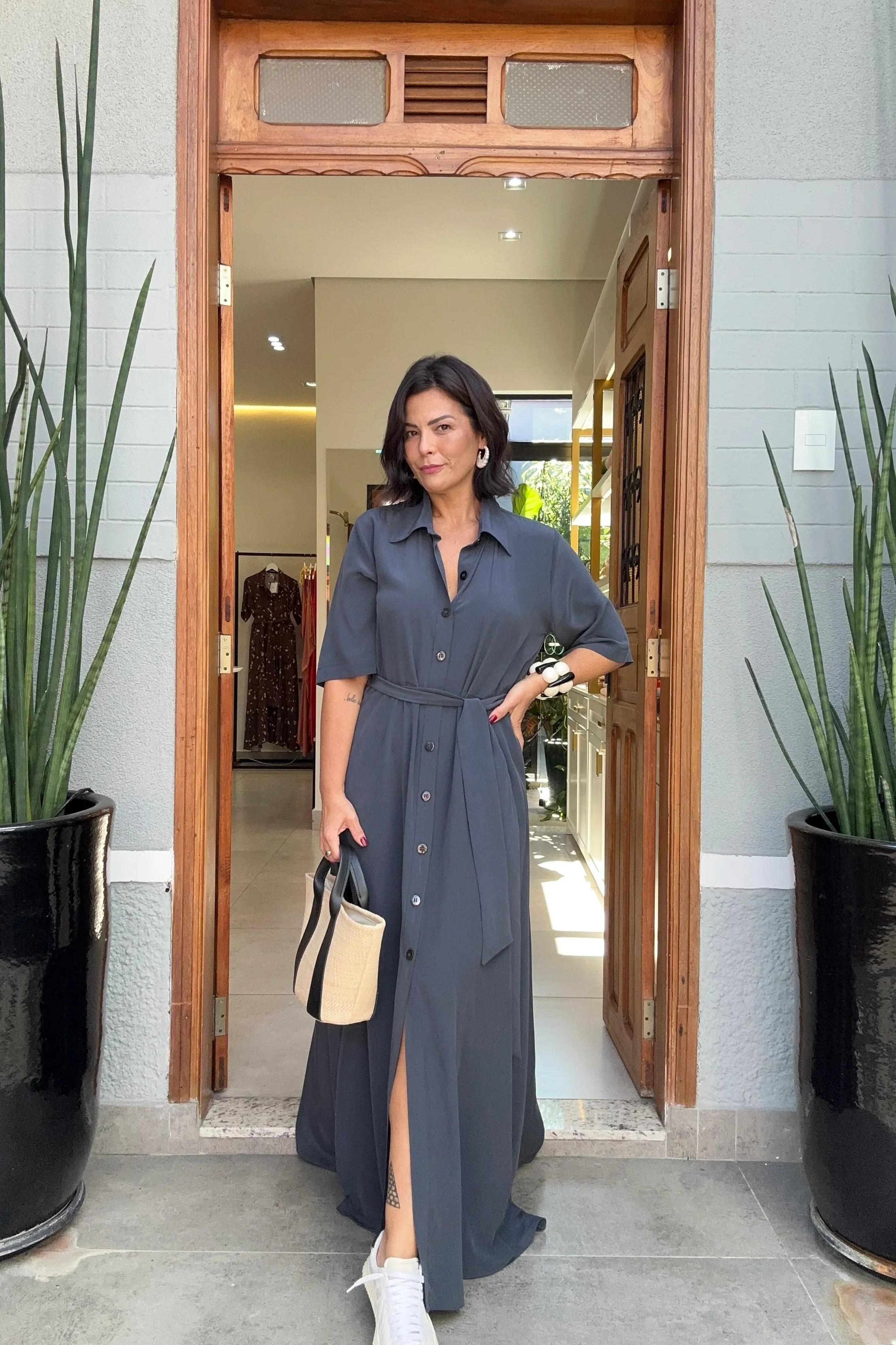 Vestido Chemisier Seda Pura Chumbo