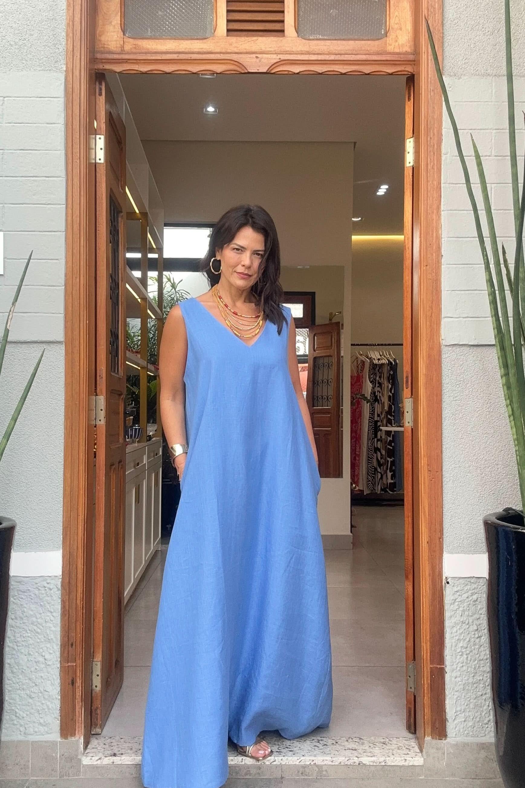 Vestido Paula Linho Azul