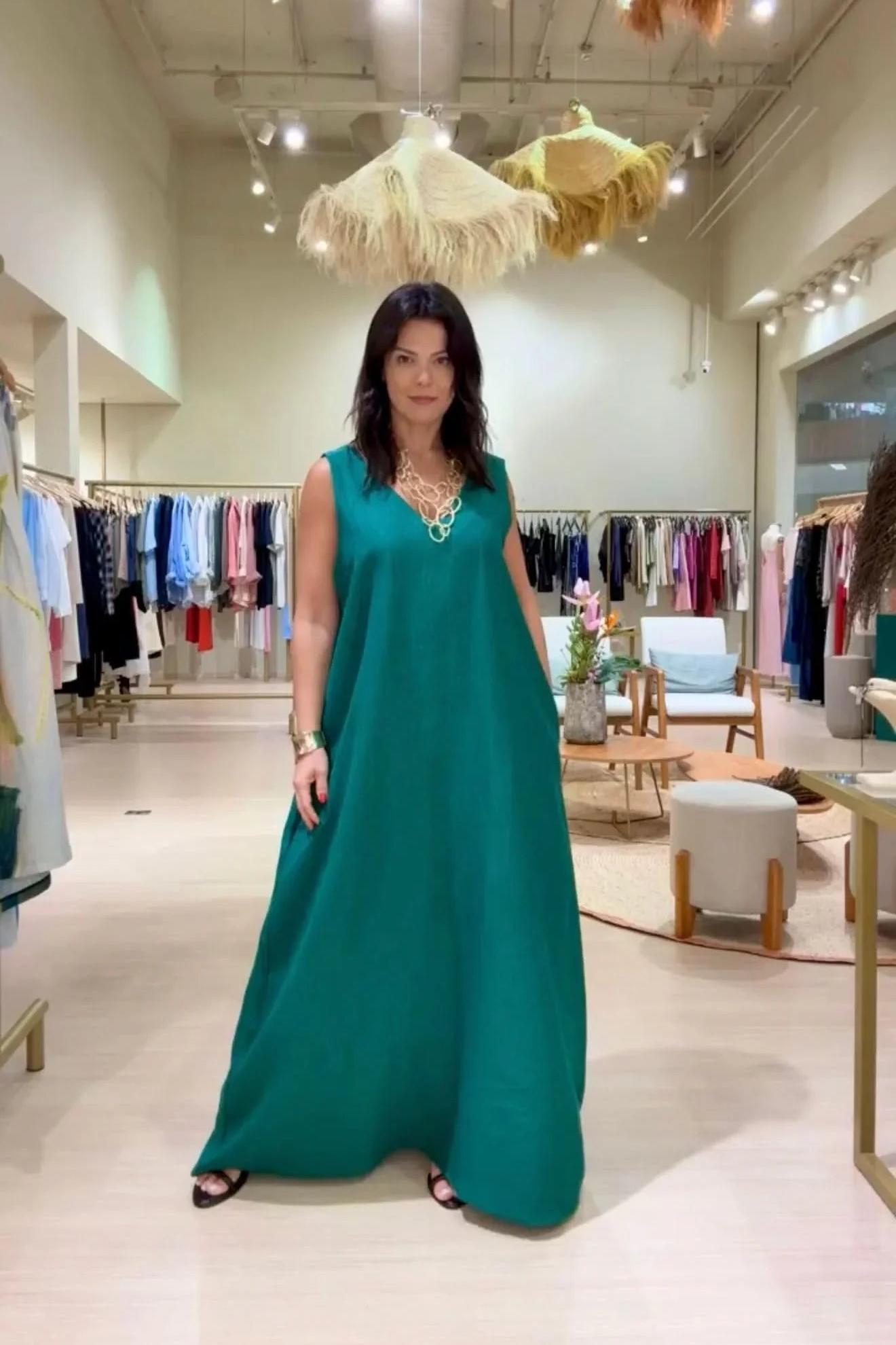 Vestido Paula Linho Verde Esmeralda