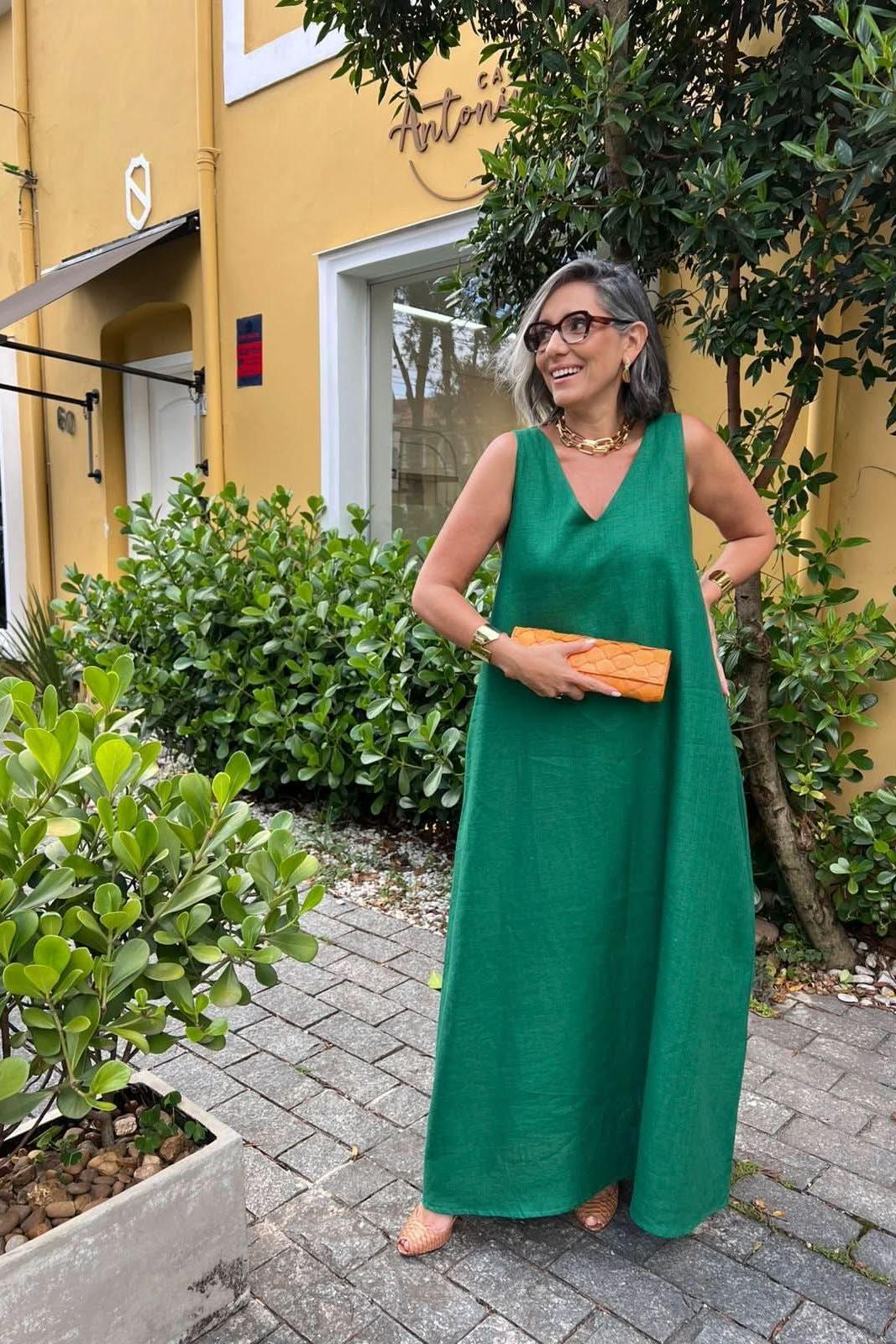 Vestido Paula Linho Verde Esmeralda