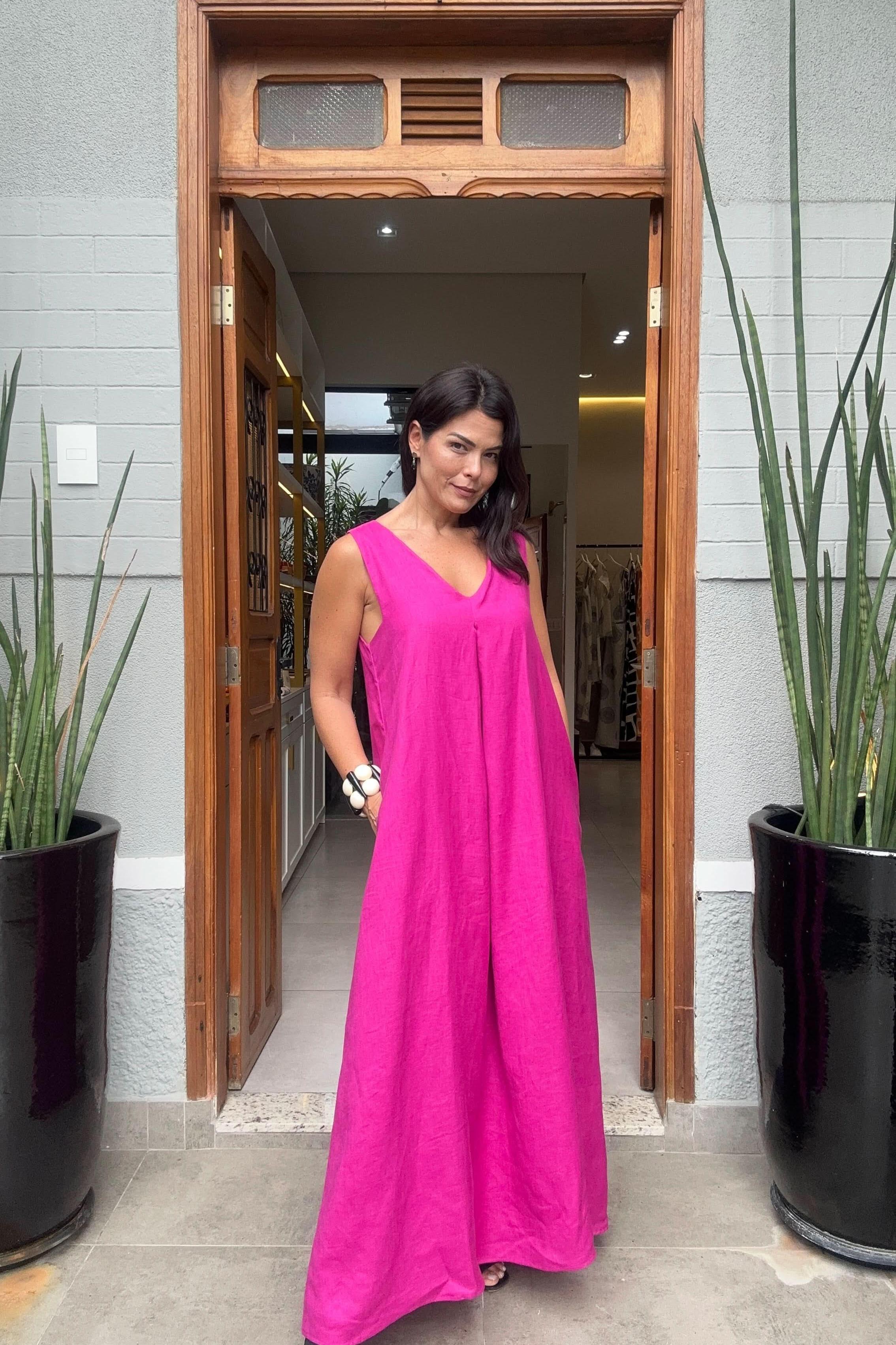 Vestido Pregas Linho Fúcsia