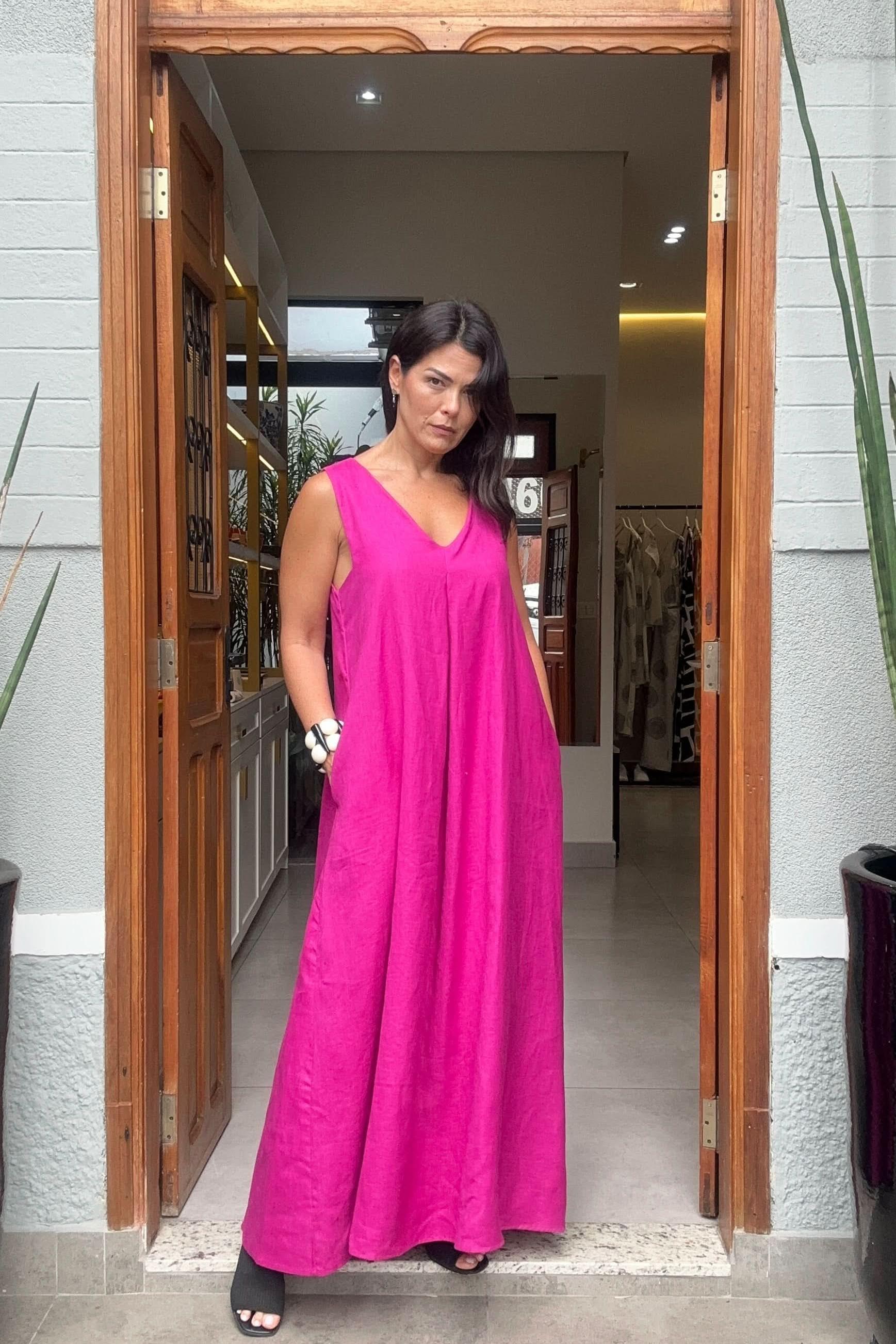 Vestido Pregas Linho Fúcsia