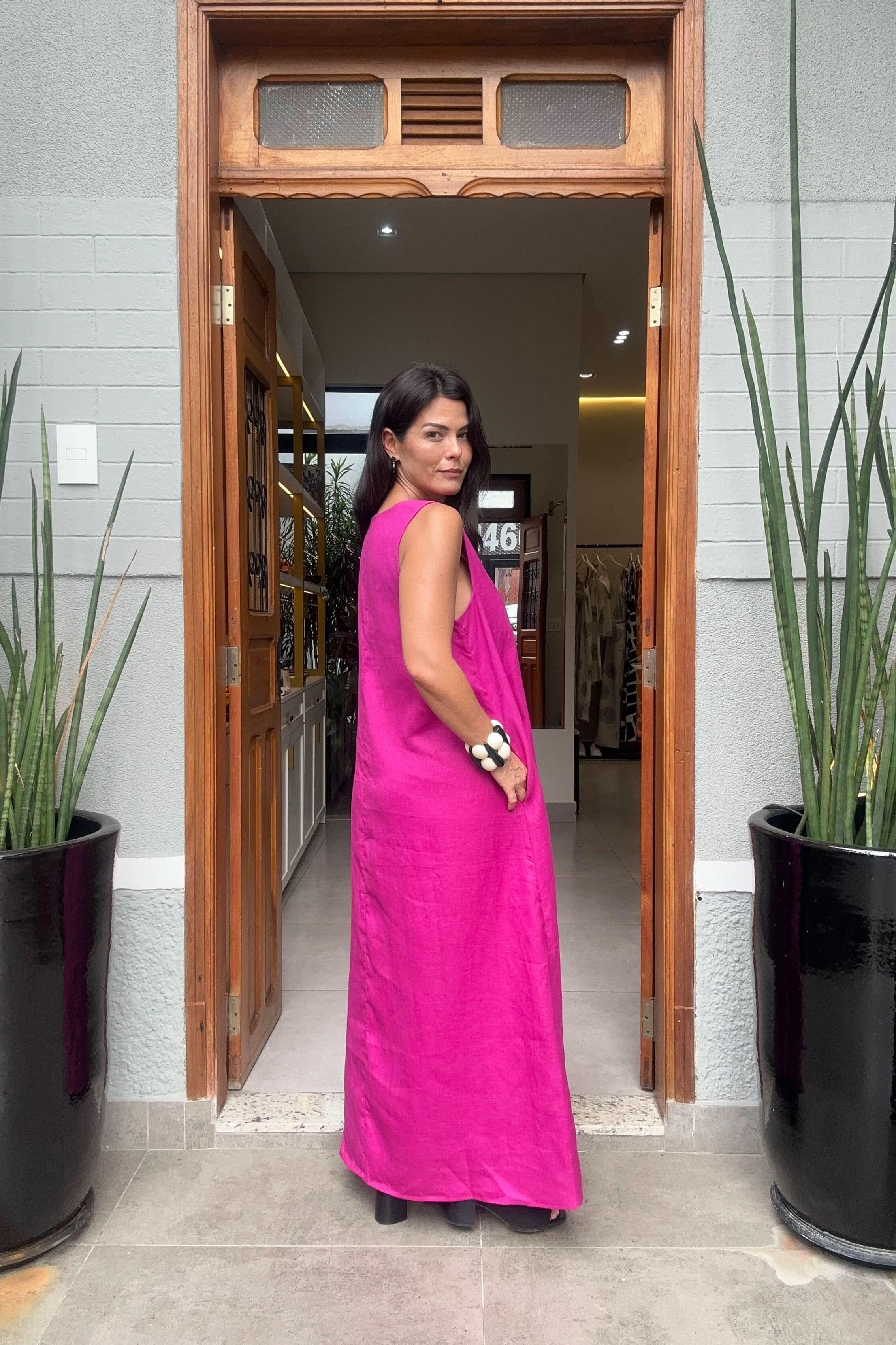 Vestido Pregas Linho Fúcsia