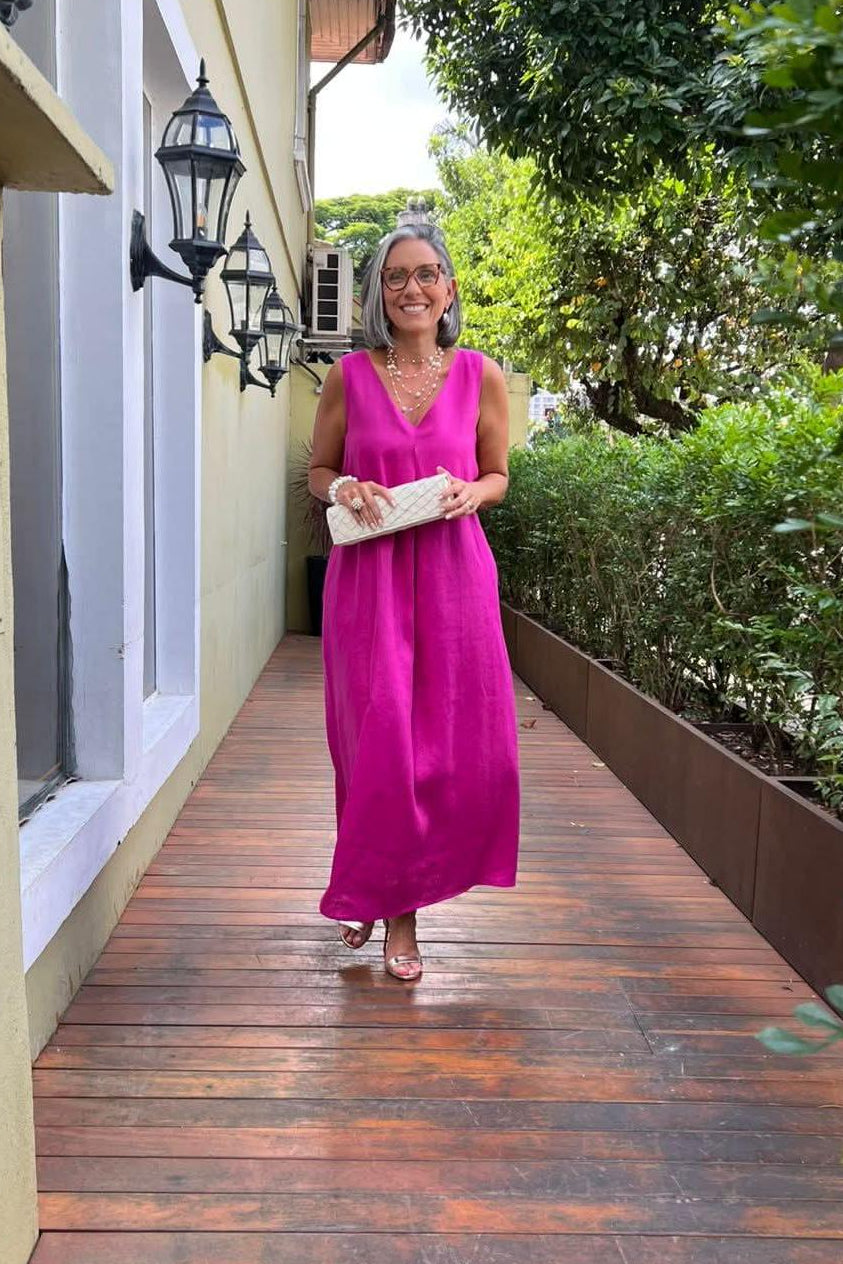 Vestido Pregas Linho Fúcsia