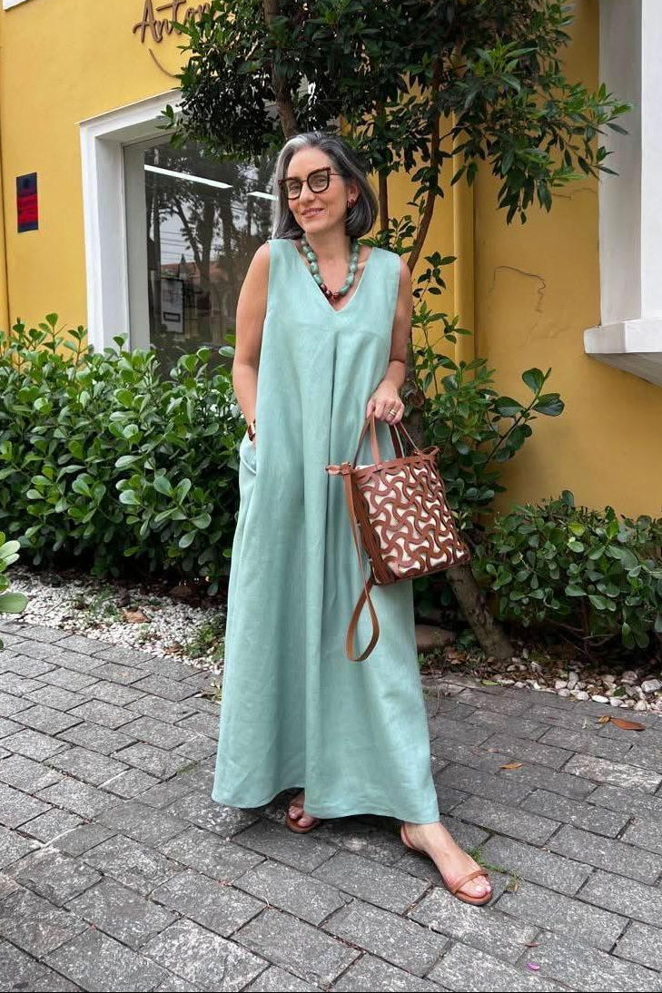 Vestido Pregas Linho Green Deb