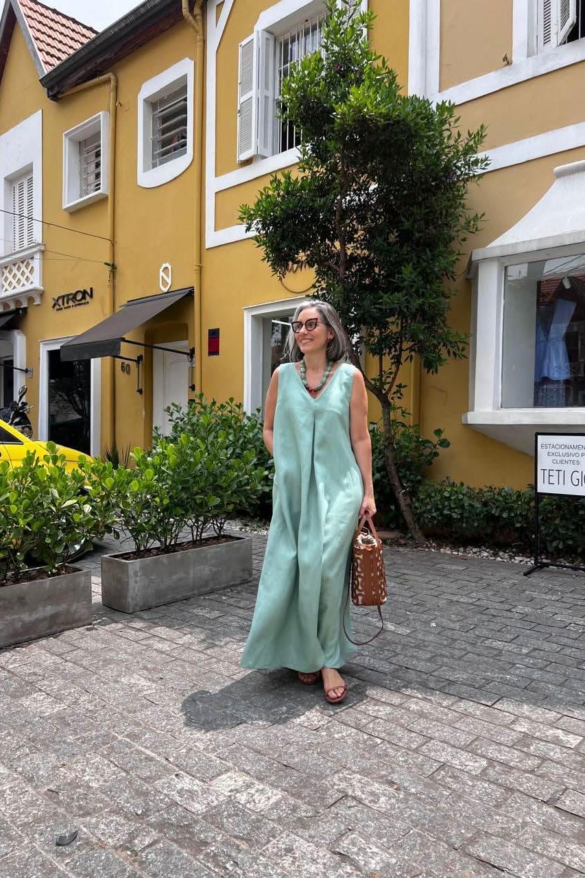 Vestido Pregas Linho Green Deb