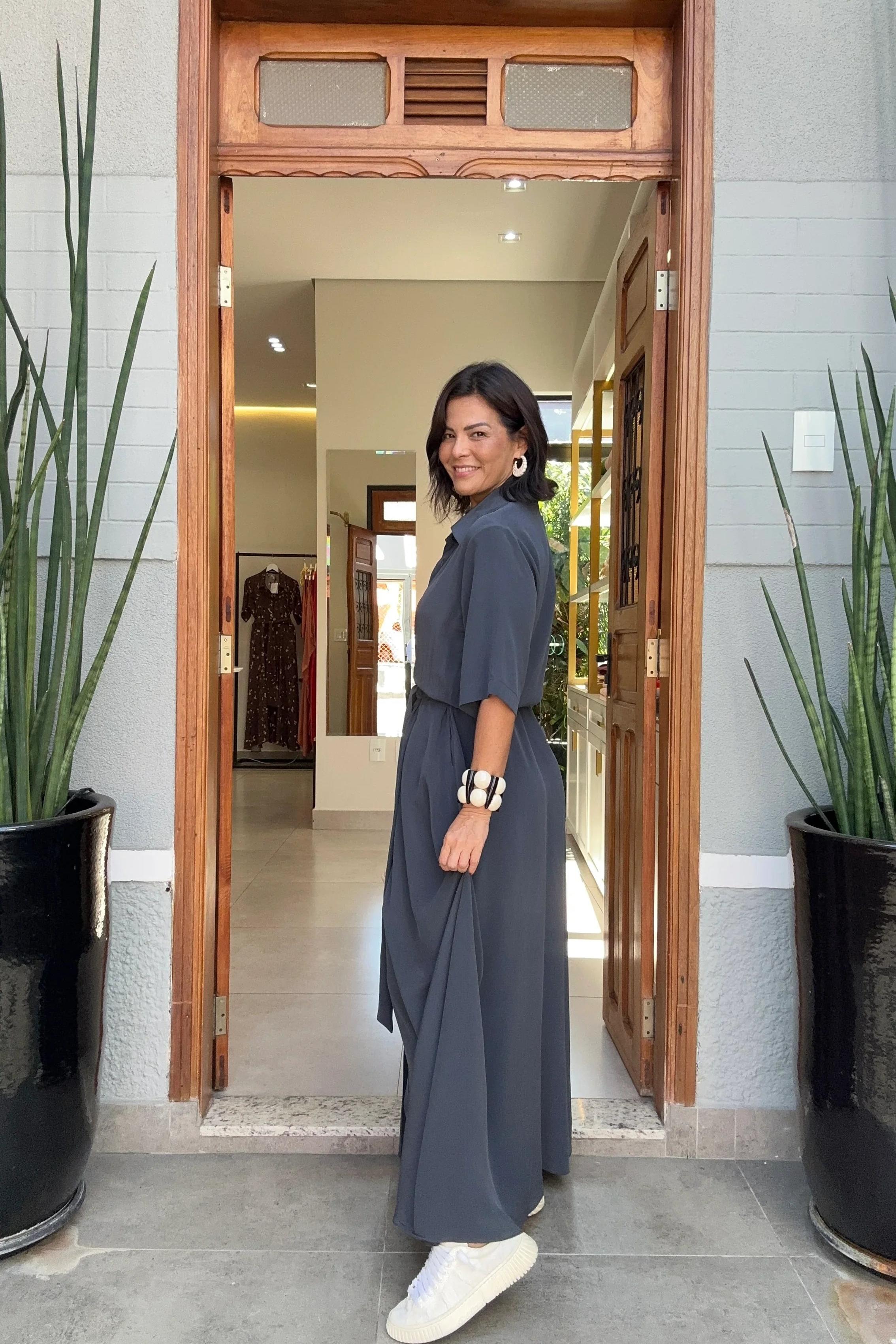 Vestido Chemisier Seda Pura Chumbo