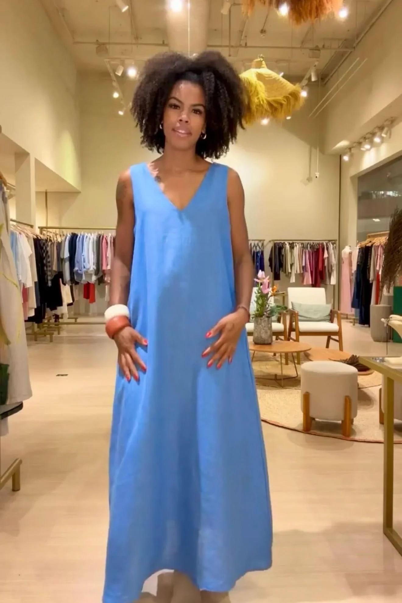 Vestido Paula Linho Azul