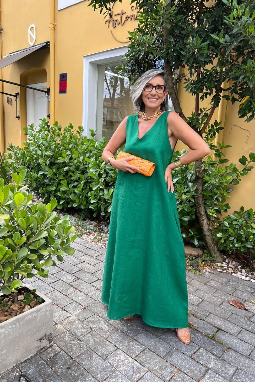 Vestido Paula Linho Verde Esmeralda