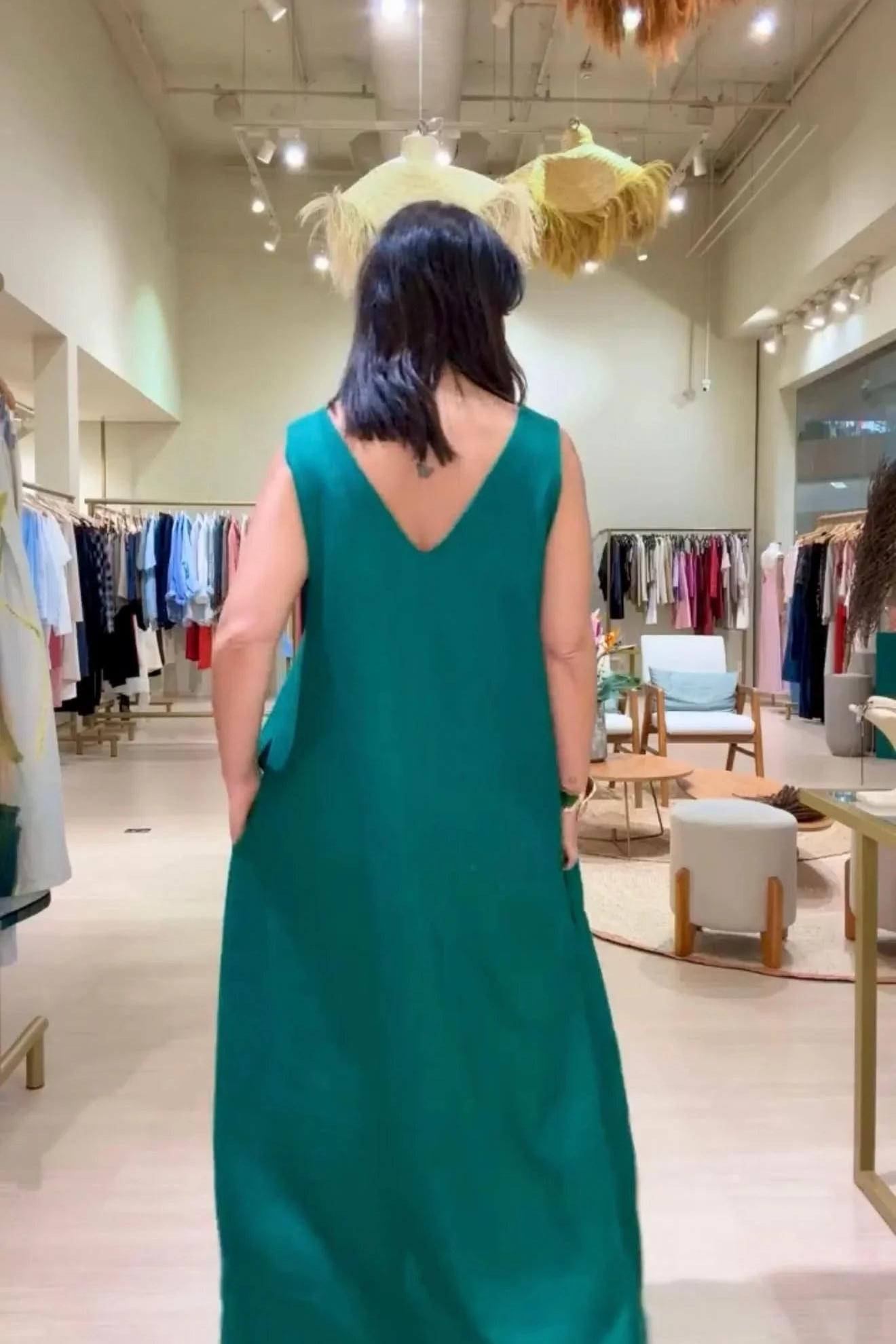 Vestido Paula Linho Verde Esmeralda